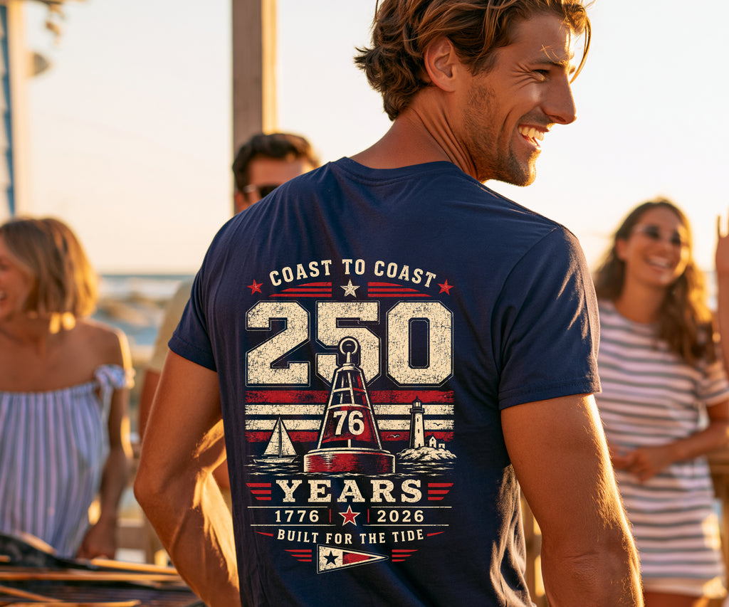 Back of Frequensea Coast to Coast 250 tee featuring nautical design with a boat, a buoy and a lighthouse.  Americana themed apparel.