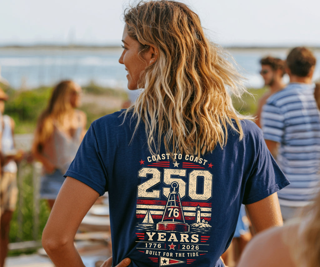 Back of Frequensea Coast to Coast 250 tee featuring nautical design with a boat, a buoy and a lighthouse.  Americana themed apparel.