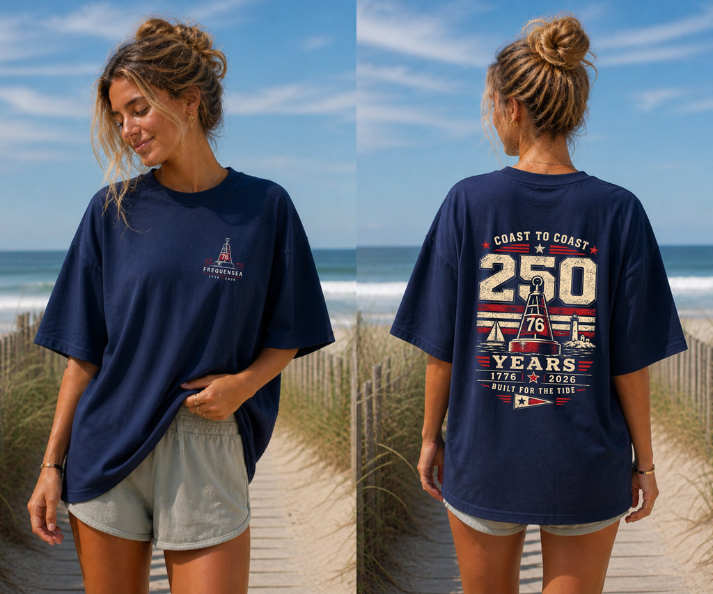 Front & Back of Frequensea Coast to Coast 250 tee featuring nautical design with a boat, a buoy and a lighthouse.  Americana themed apparel.