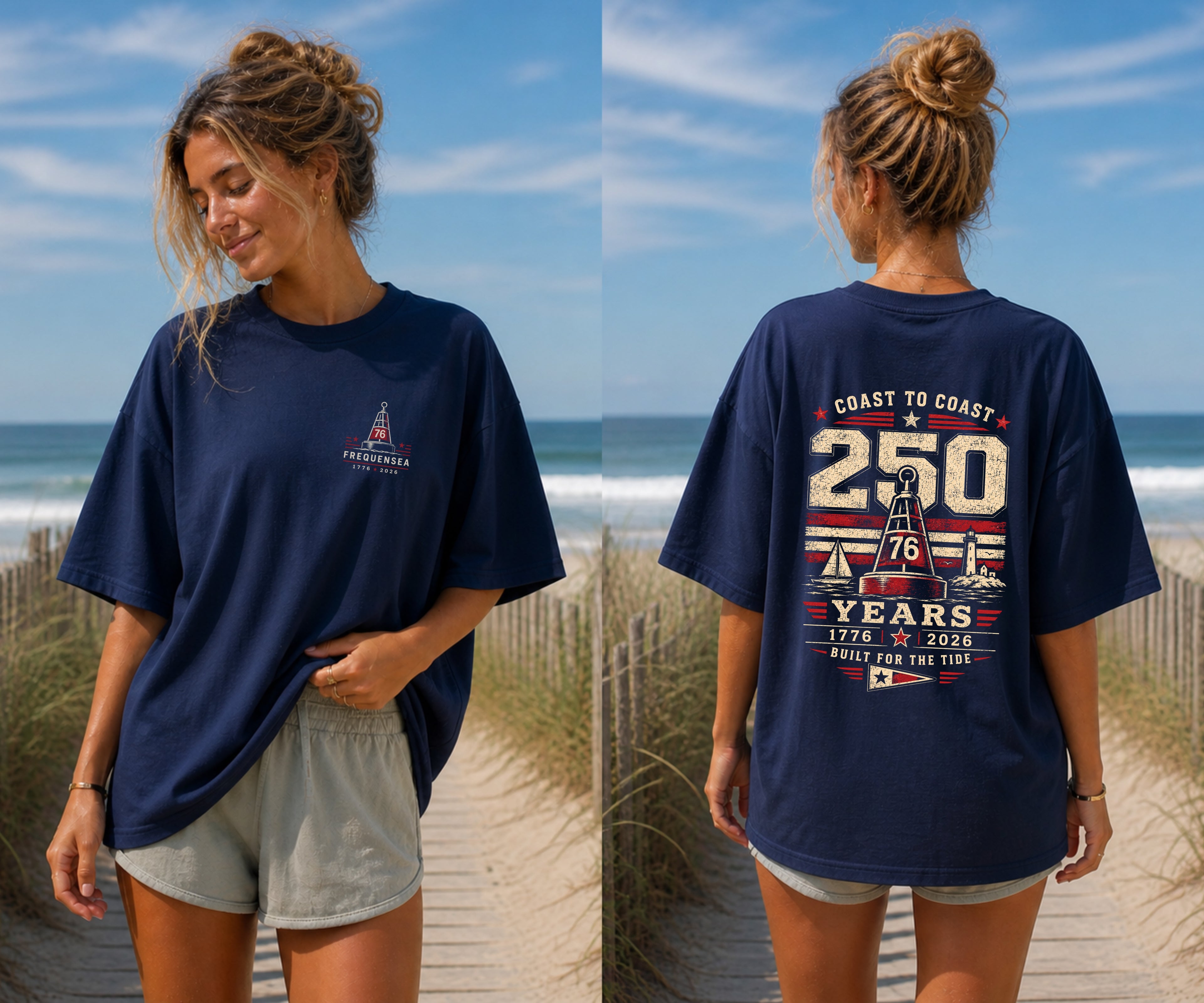 Front & Back of Frequensea Coast to Coast 250 tee featuring nautical design with a boat, a buoy and a lighthouse.  Americana themed apparel.