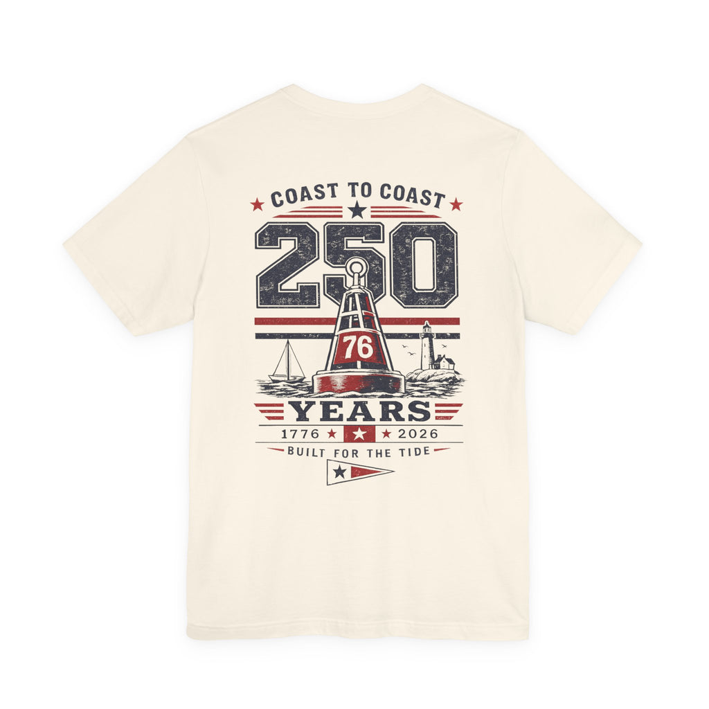 Back of Frequensea Coast to Coast 250 tee featuring nautical design with a boat, a buoy and a lighthouse.  Americana themed apparel.