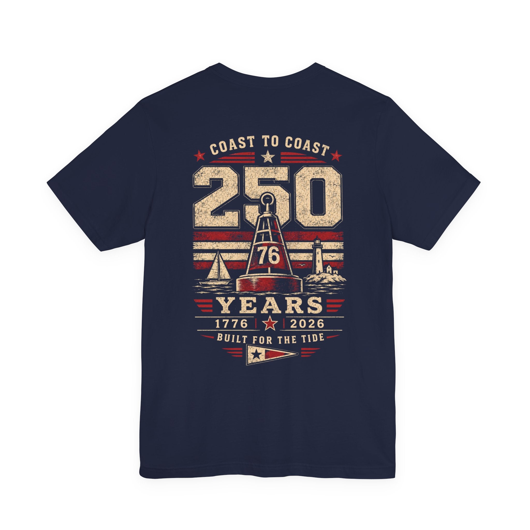 Back of Frequensea Coast to Coast 250 tee featuring nautical design with a boat, a buoy and a lighthouse.  Americana themed apparel.